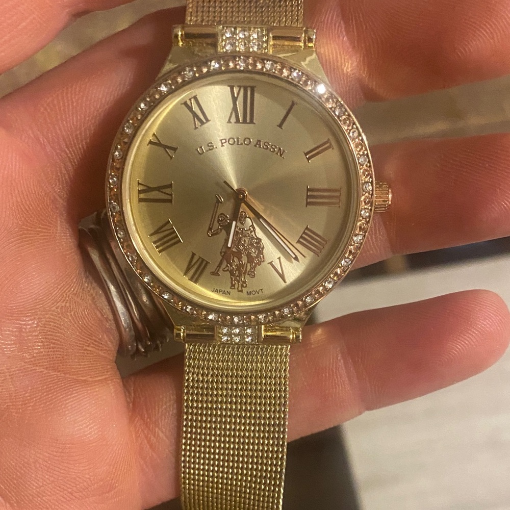 U.S. Polo Assn. Gold Mesh Watch with Crystal Details